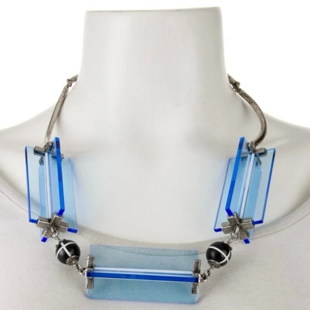 Lela Rose Rectangle Lucite Blue Antique Silver Tone Collar Statement Necklace